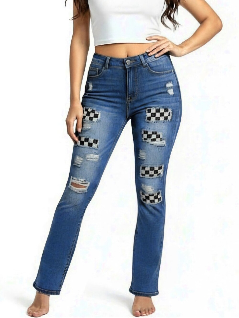 Patchwork Straight Leg Jeans Womens Size 25 Small Checkered Distressed Blue